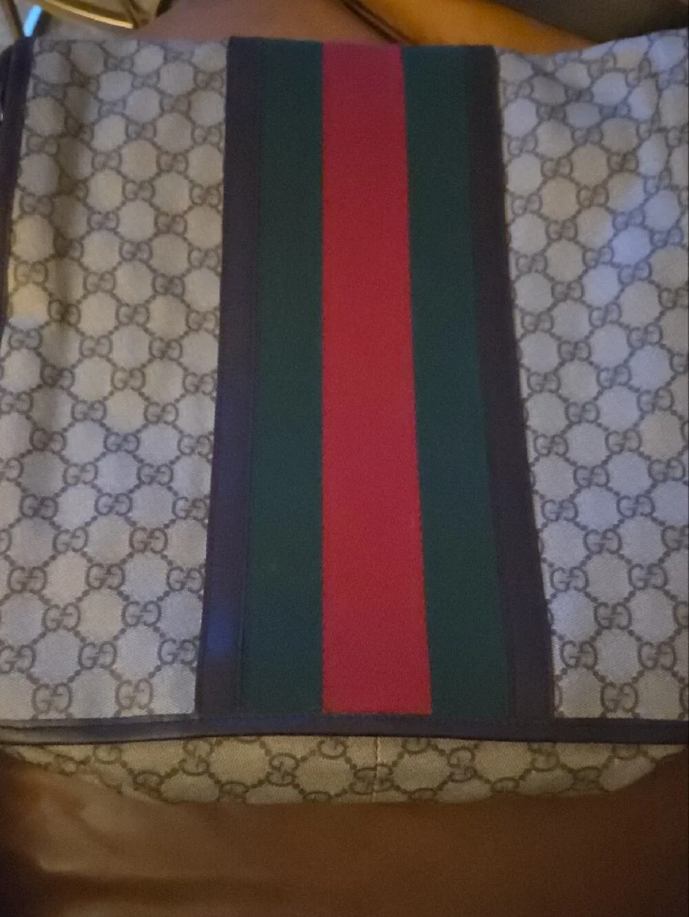 Gucci Brown Leather Authentic Messenger with Green-Red Web Stripe and GG Canvas